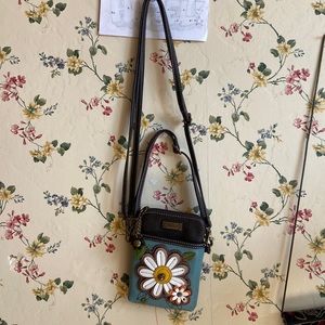 Chala turquoise and dark brown leather worked side bag